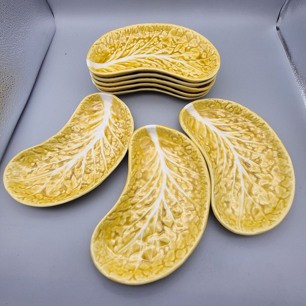 Secla Set (8) Pottery Plates Yellow Cabbage Crescent Mid 20th Century Portuguese